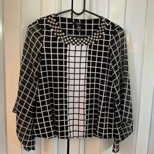 Black and White Square Geometric Pattern Flared Sleeve Blouse